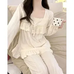 Lace Sleepwear Women Pajama Sets Solid Piiama Autumn Pants Sets 2 Pieces Ruffles Long Sleeve Night Wears Square Collar Home Suit