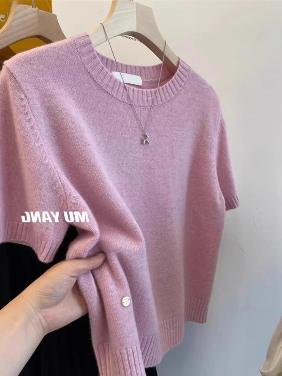 

Розовая тонкая трикотажная футболка ort Sve женская летняя маленькая дизайнерская Sense oulder корейский свободный крой из полиэфирного волокна