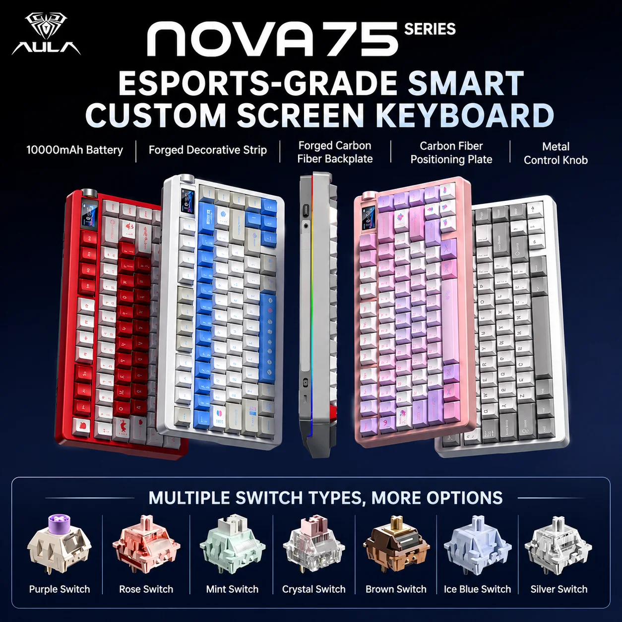 AULA Nova75 Gaming Mechanical Keyboard Wireless Tri-Mode Hot Swap Customized Smart Screen with Knob 75% Compact Layout