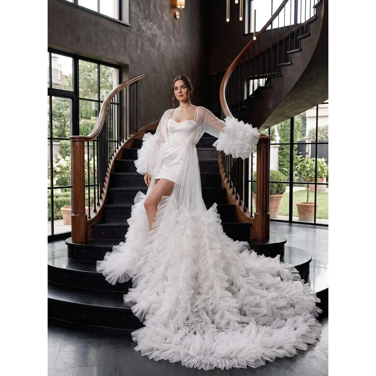 Ruffled Tulle Bridal Cape and Satin Slip Dress Set - Modern 2-Piece Wedding Gown YD260820