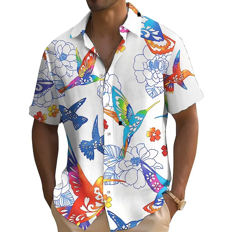 

Men's shirt, flower and bird pattern, black and white outdoor street short -sleeved printing fashion designer casual soft