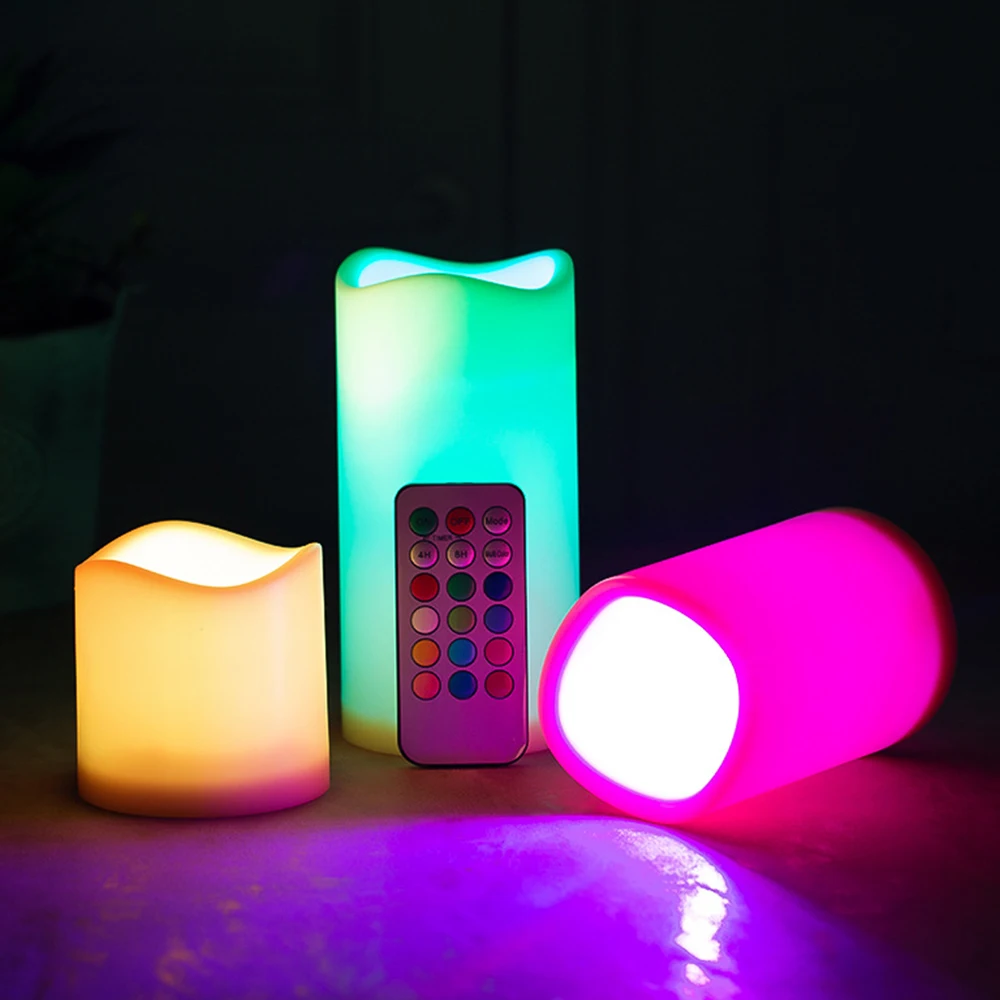 3pcs/ Set LED Flameless Flickering Candles, LED Pillar Candles Light Color Changing with 18-Key Remote Timer Battery Operated