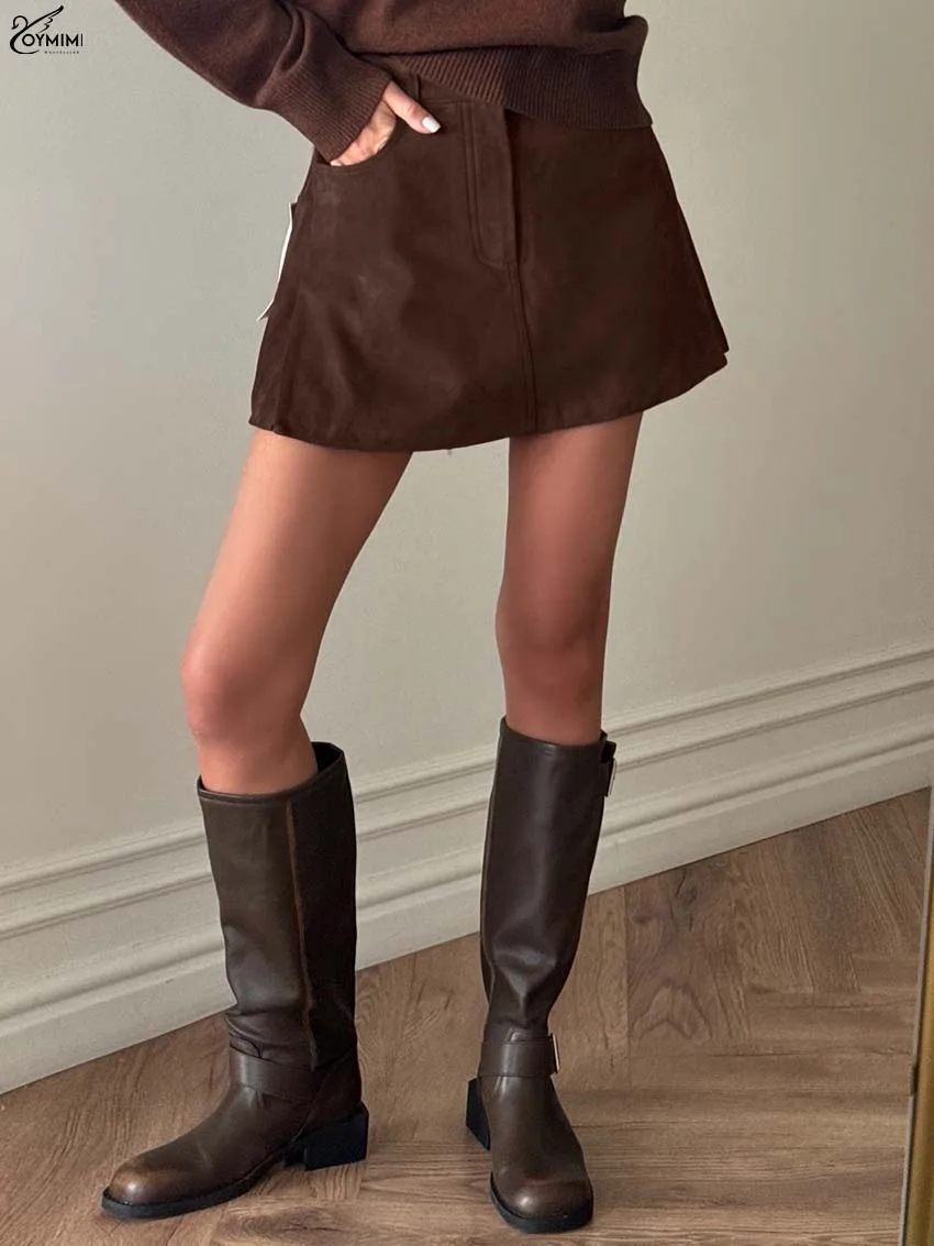 

Oymimi Eleagnt Brown Zipper Women's Skirts Fashion High Waisted Pockets Slim Skirts Casual New A-Line Mini Skirt Female Clothing