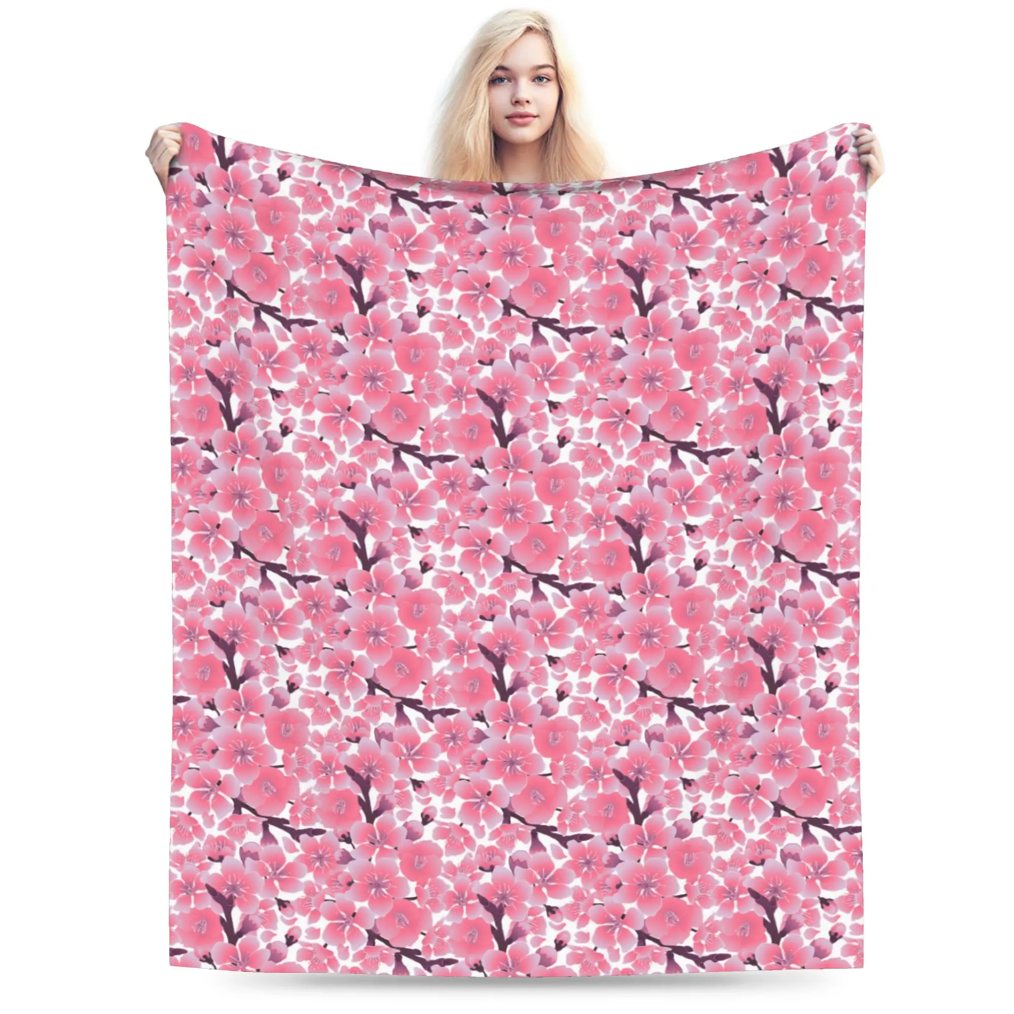 Japanese Sakura Cherry Blossom Blankets Flannel Printed Lightweight Thin Throw Blanket for Sofa Couch Bedding Throws