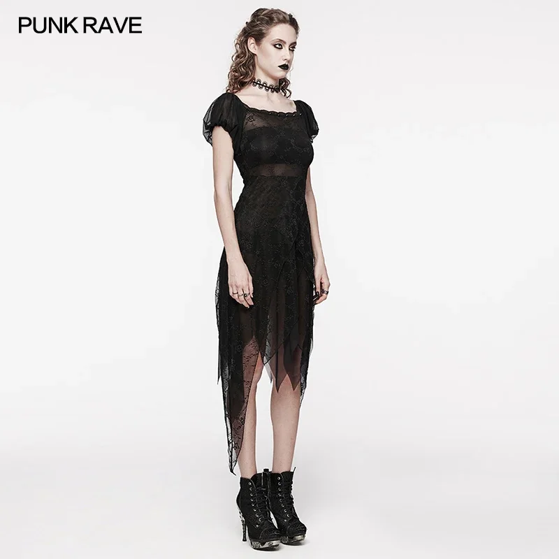 PUNK RAVE Women's Gothic Daily Sweet Puff Sleeves Lace Dress Light and Agile Multi-panel Pointed Hem Party Club Long Dresses