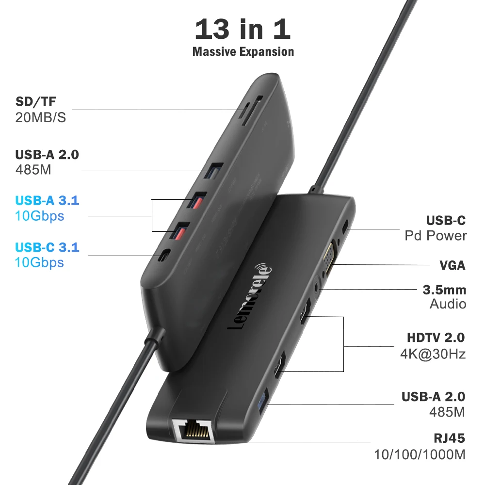 Lemorele TC96 USB Hub USB 3.1 Dock Station USBC to Dual HDMI 4K 10Gpbs Type-C Adapter VGA USBC 3.1Gigabit Ethernet for Mac Win