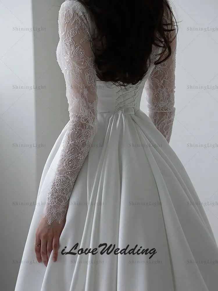 Suknie ślubne arabskie ShiningLight, wysoki dekolt, koronka, długie rękawy, biała linia A, satynowe suknie ślubne, Vestidos De Novia, szyte na miarę