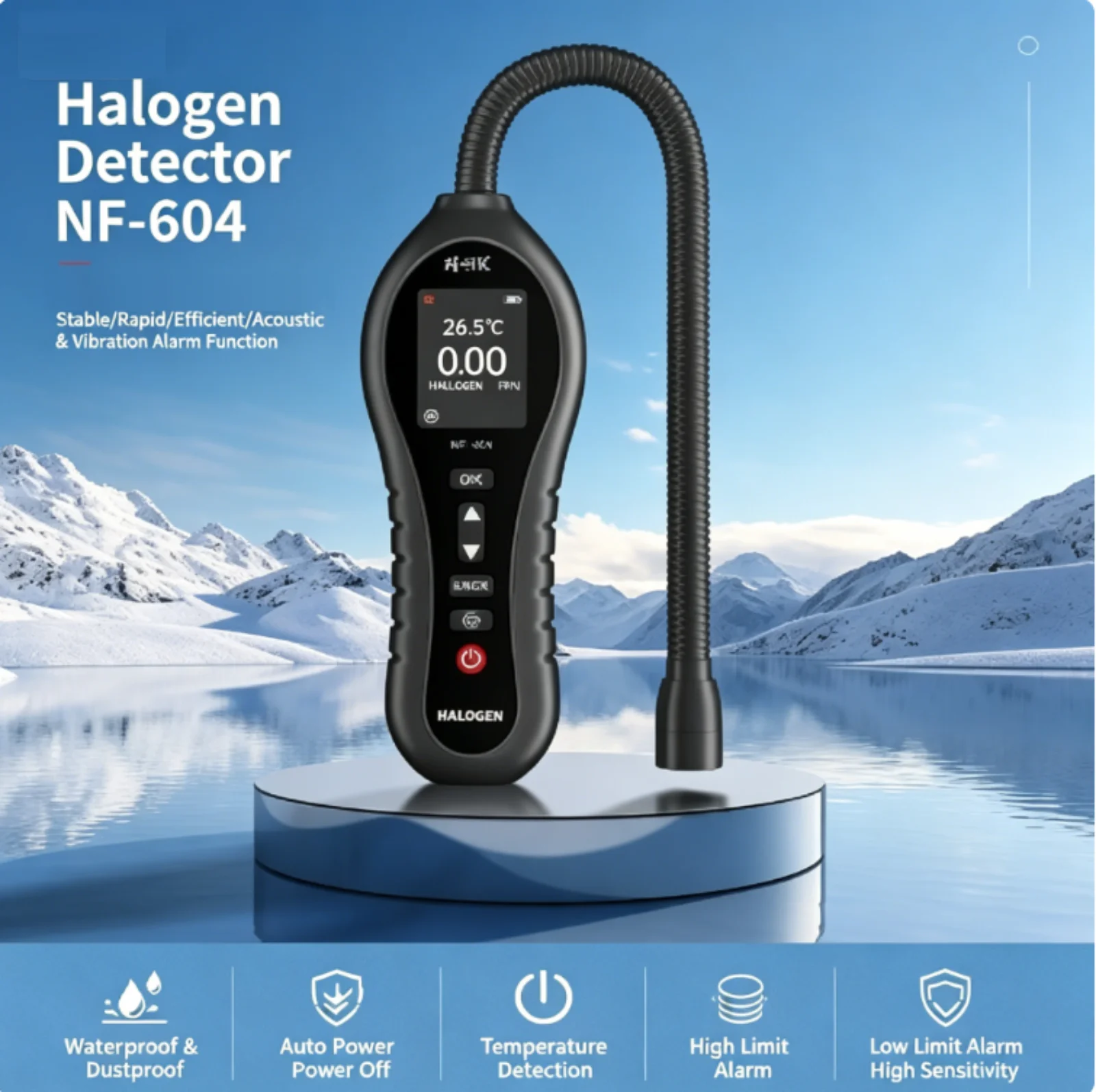

Детектор утечки галогенных газов, высокочувствительный (0-1000 PPM), с звуковой, световой и вибрационной сигнализацией, гибким зондом, портативный, для обнаружения галогенов