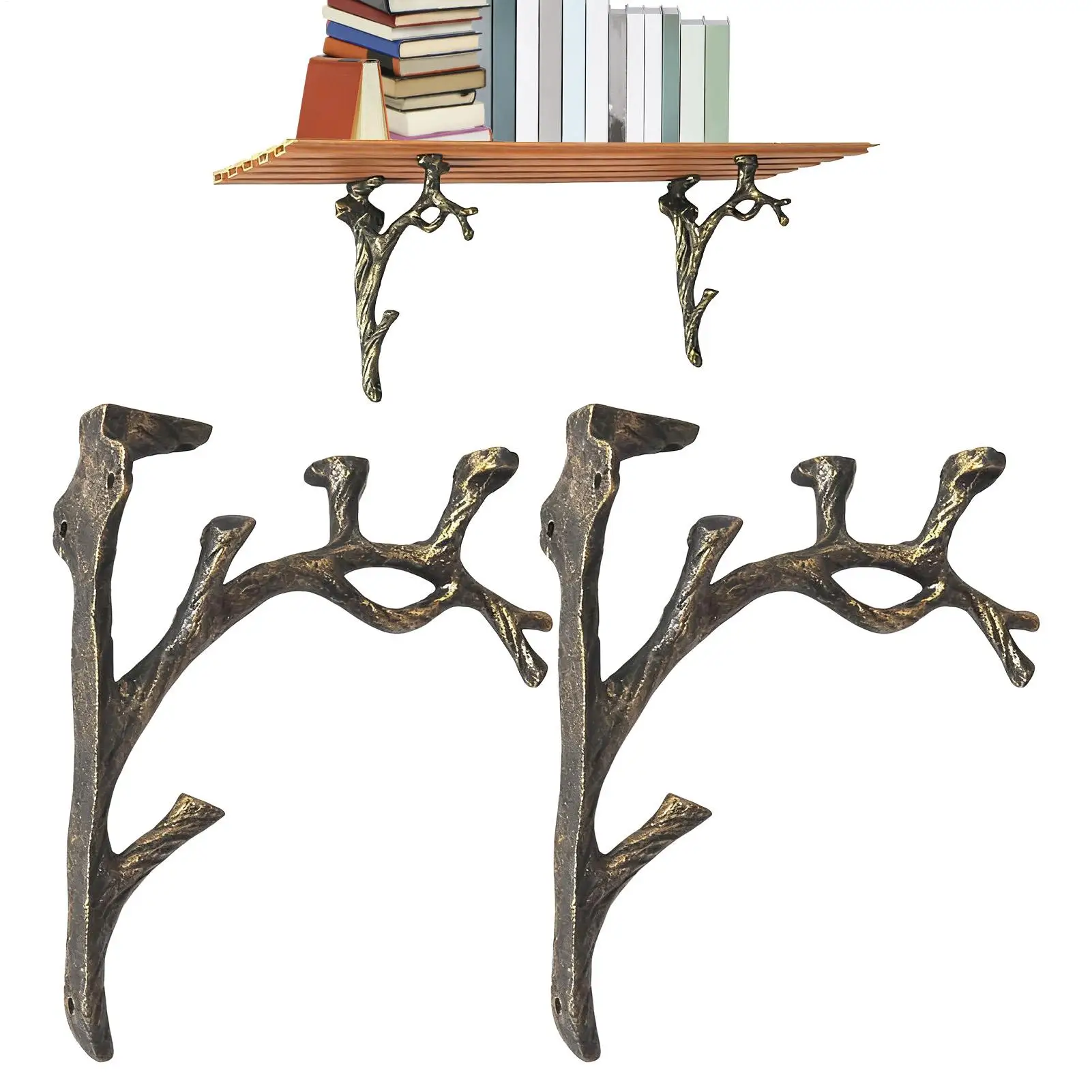 2 Pieces Retro Tree Branch Stand Iron Branch Wall Mounted Stand Floating Wood Shelves Brackets For Entryway Bedroom Living Roon image 2