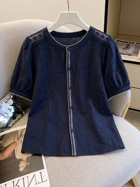 

Elegant Dark Blue Lace Hollow out Short Sleeve Women's Shirt Korean Style Commute Wind Loose Fit round Neck Button up Top