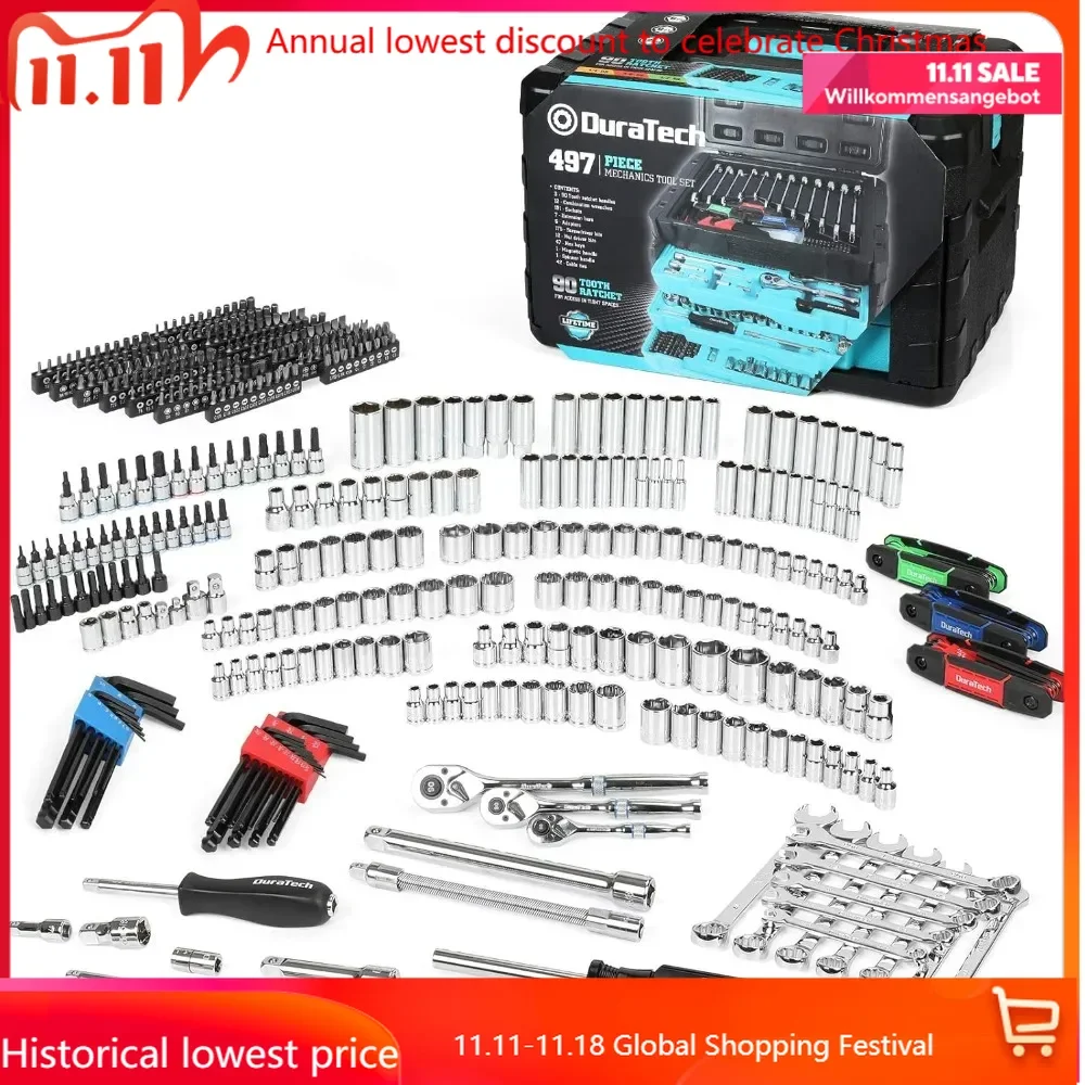 

497-Piece Mechanics Tool Set, Include SAE/Metric Sockets, 90-Tooth Ratchet and Wrench Set in 3 Drawer Tool Box