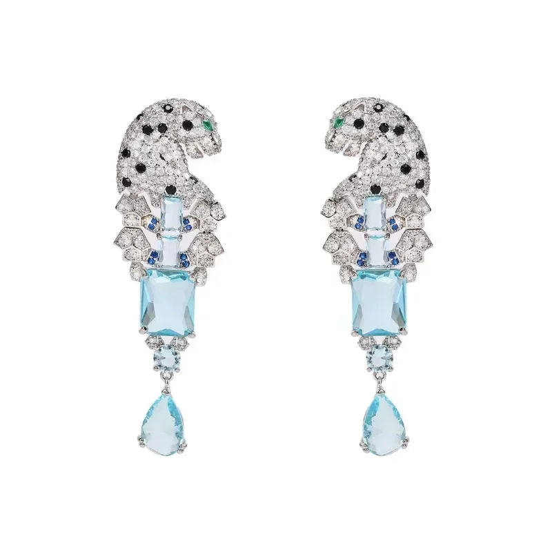 Full CZ Zircon Leopard Waterdrop Earrings Green Eyes Square Crystal 925 Needle Panther Animal Earrings for Women Party Gift