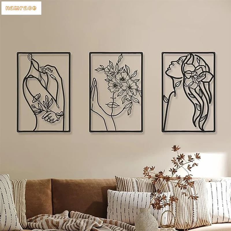 Minimalist Abstract Woman Flowers Vinyl Art Wall Stickers, Aesthetic Female Wall Decoration for Bathroom, Living Room, 3 Pcs