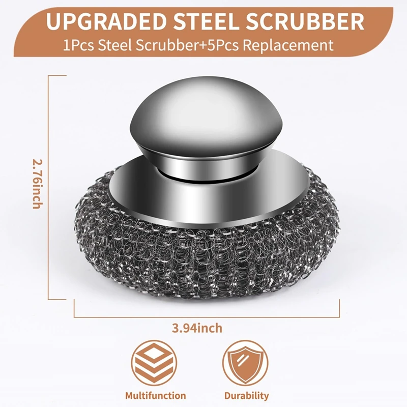 مجموعة أدوات تنظيف الصوف الفولاذية ABXF-6Pcs مع مقبض، من الفولاذ المقاوم للصدأ للمطبخ والشواية والمواقد - تتضمن جهاز تنظيف واحد و5 وسادات