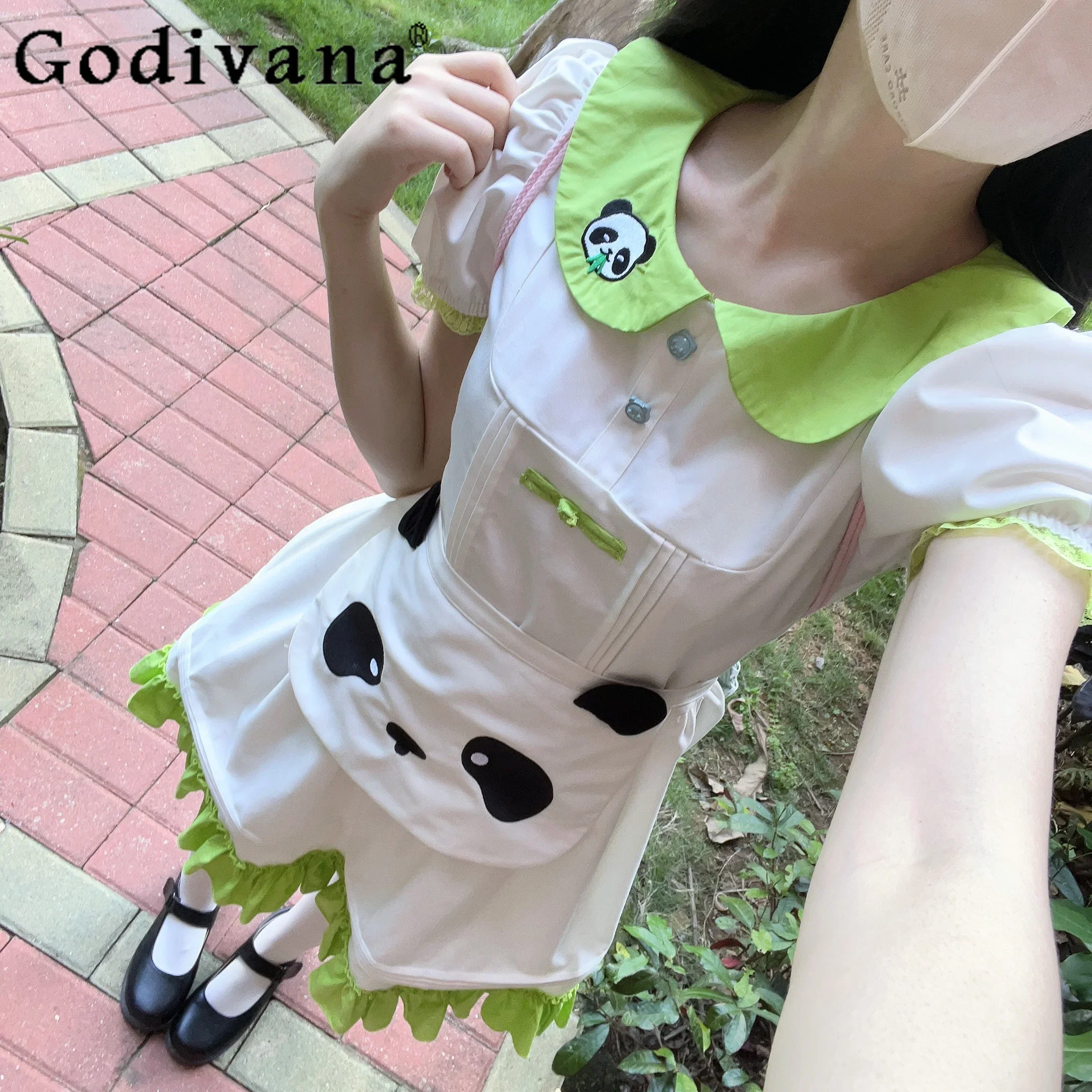 

Japanese Summer College Panda Embroidery Doll Collar Puff Sleeve Student Kawaii Dress Girly Sweet Y2k Cartoon Print Apron Dress