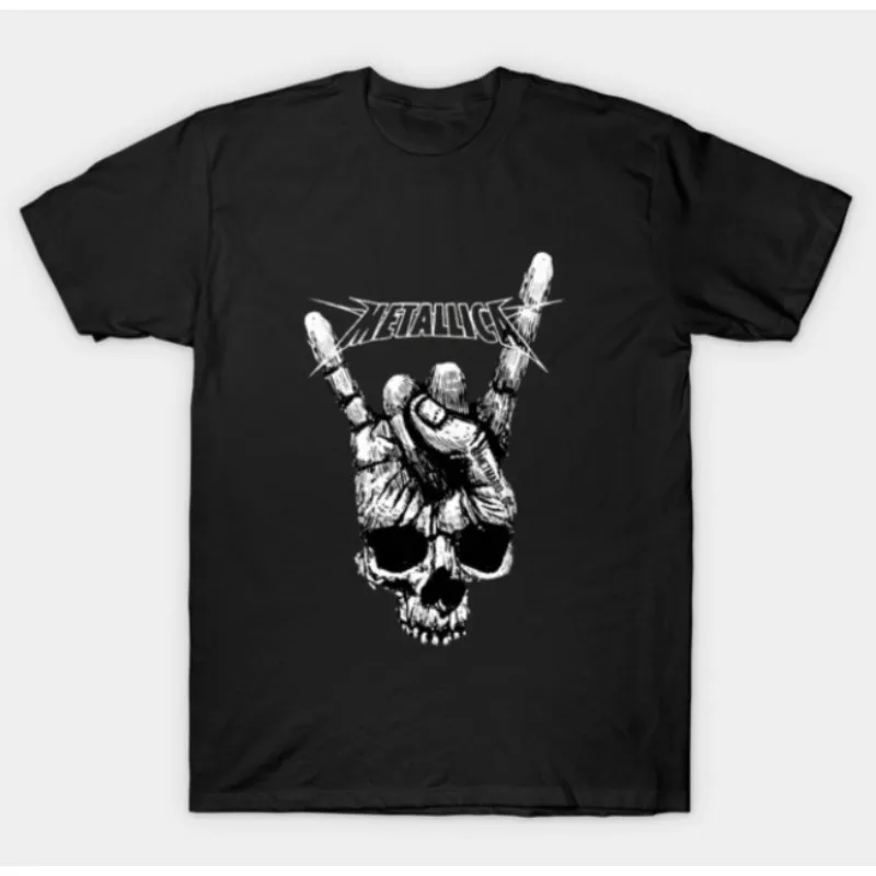Metallica T Shirt Black Graphic Tee with Skull Rock Hand Sign Logo Band Merchandise for Metal Music Fans and Concert Goers