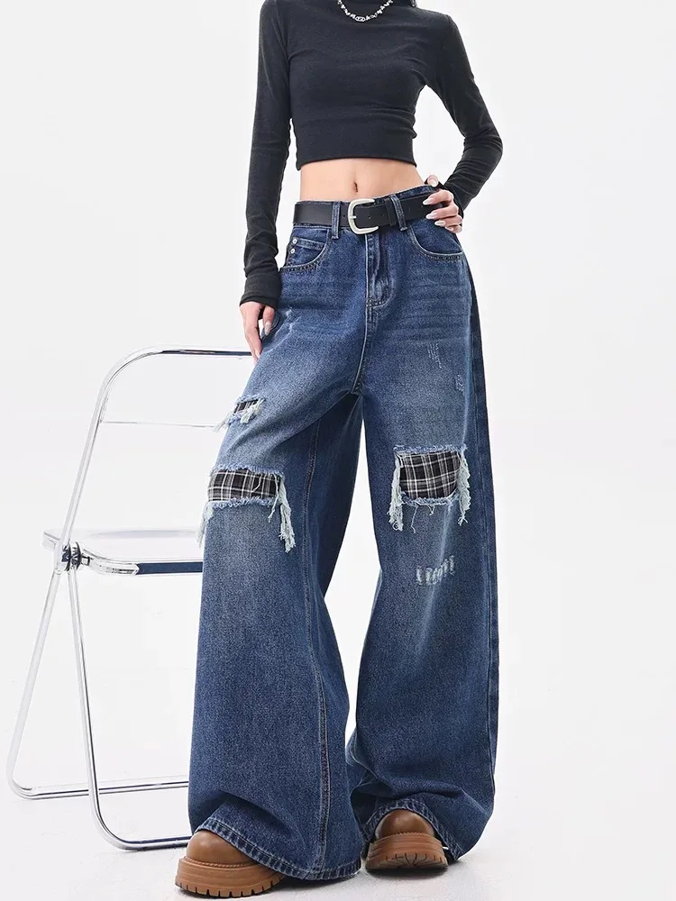 Mulheres y2k americano streetwear calças retalhos rasgado denim cintura alta em linha reta calças de perna larga outono novo estilo