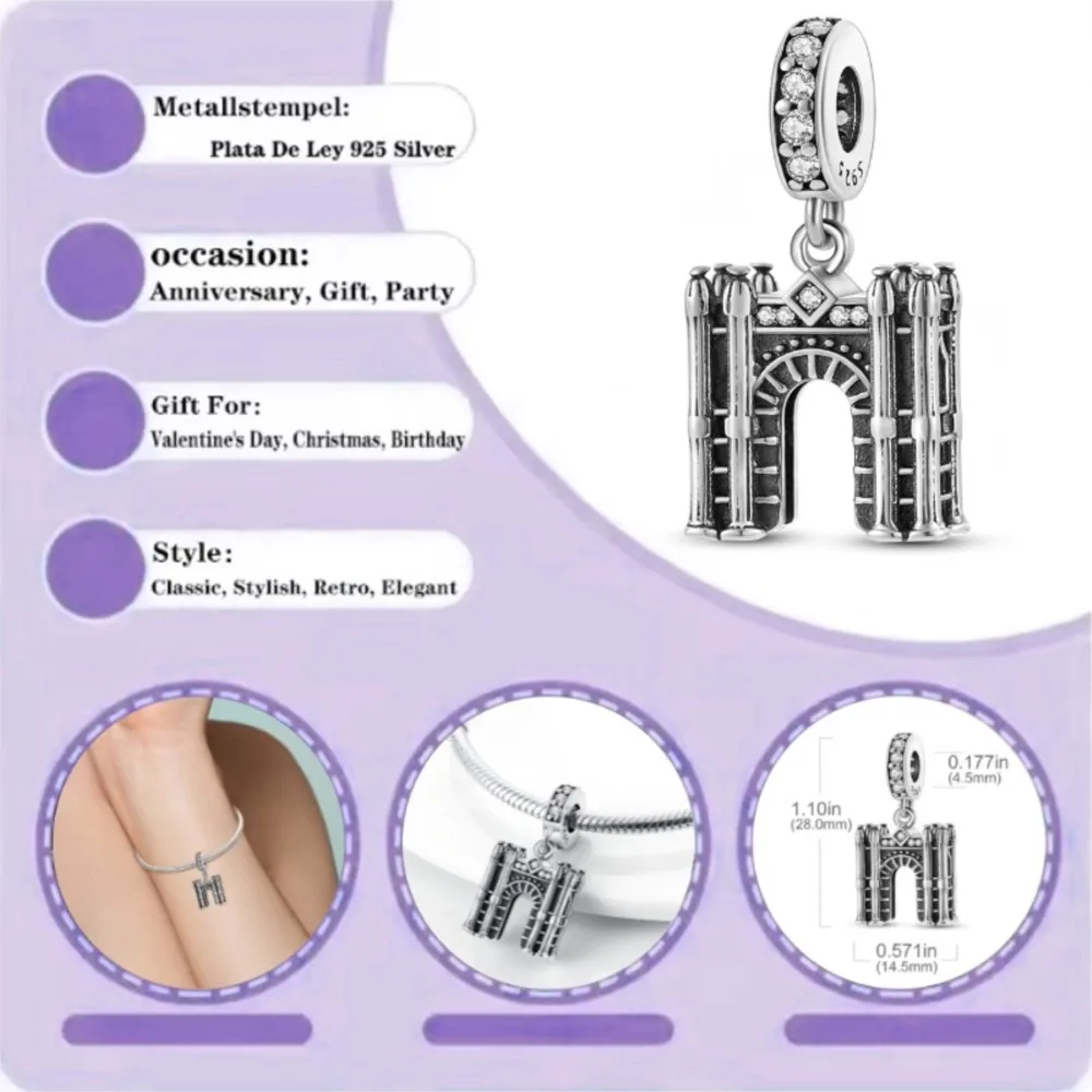 

Original Dangle Charms Arc de Triomphe Pendant Fitted Bracelet Made for Women's Jewelry