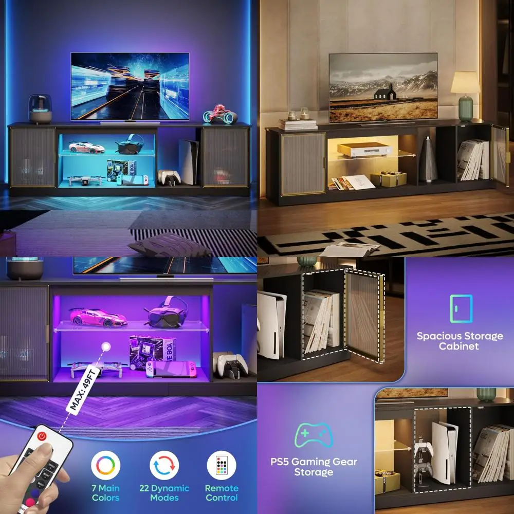 حامل تلفزيون حديث لأجهزة التلفاز مقاس 75-80 بوصة، ومركز ترفيه LED مع أبواب أكريليك وأرفف زجاجية قابلة للتعديل، وحدة تحكم 70 للوسائط