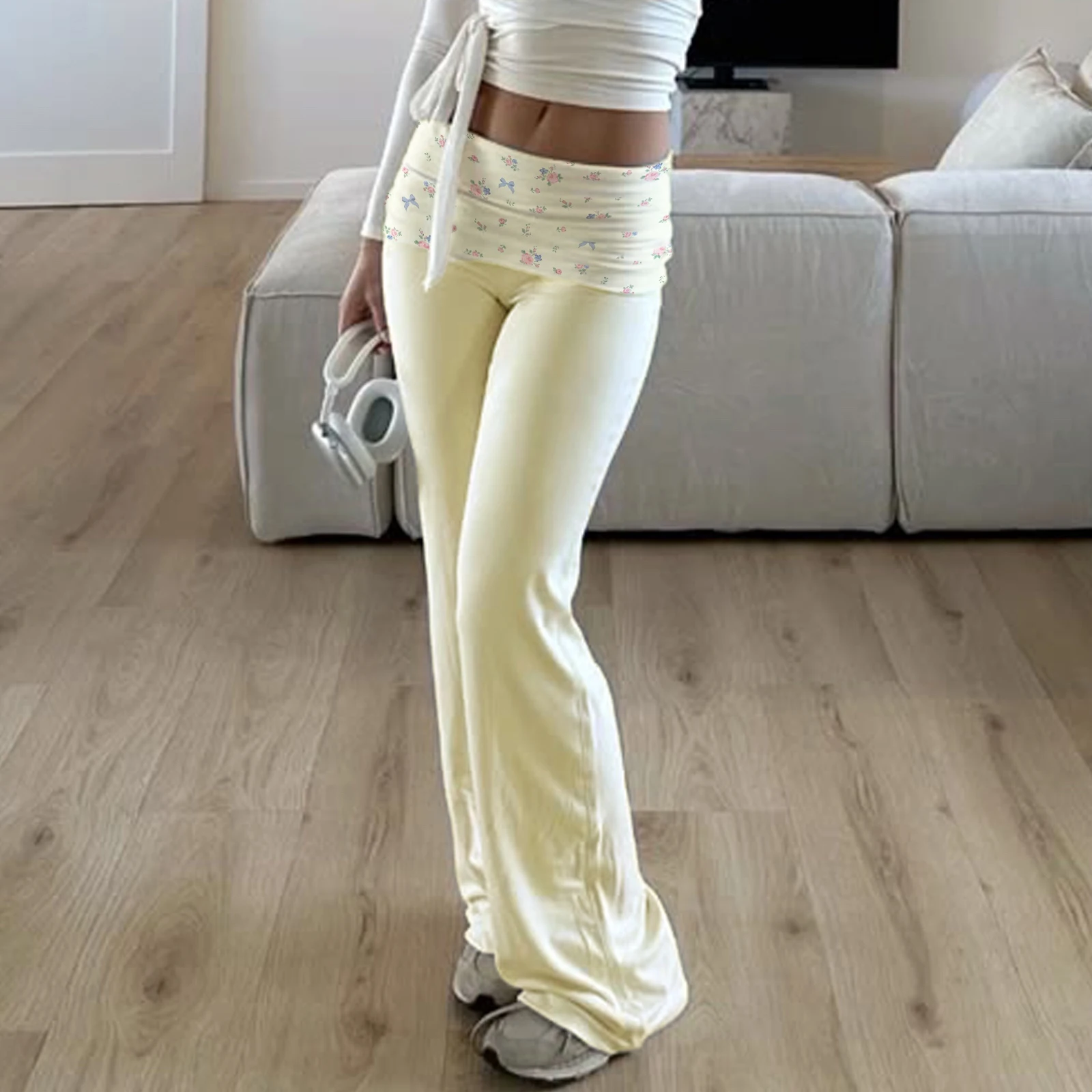 Women Lounge Pants Y2K Printed Fold Over Elastic Waist Wide Leg Pants Casual Loose Fit Trousers Fashion Going Out Streetwear