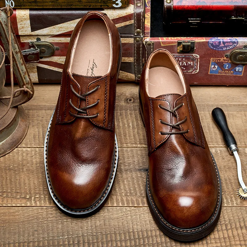 British Vintage Handmade Leather Casual Shoes Round Toe Soft Leather Business Dress Shoes Men's Wedding Shoes Workwear Shoes