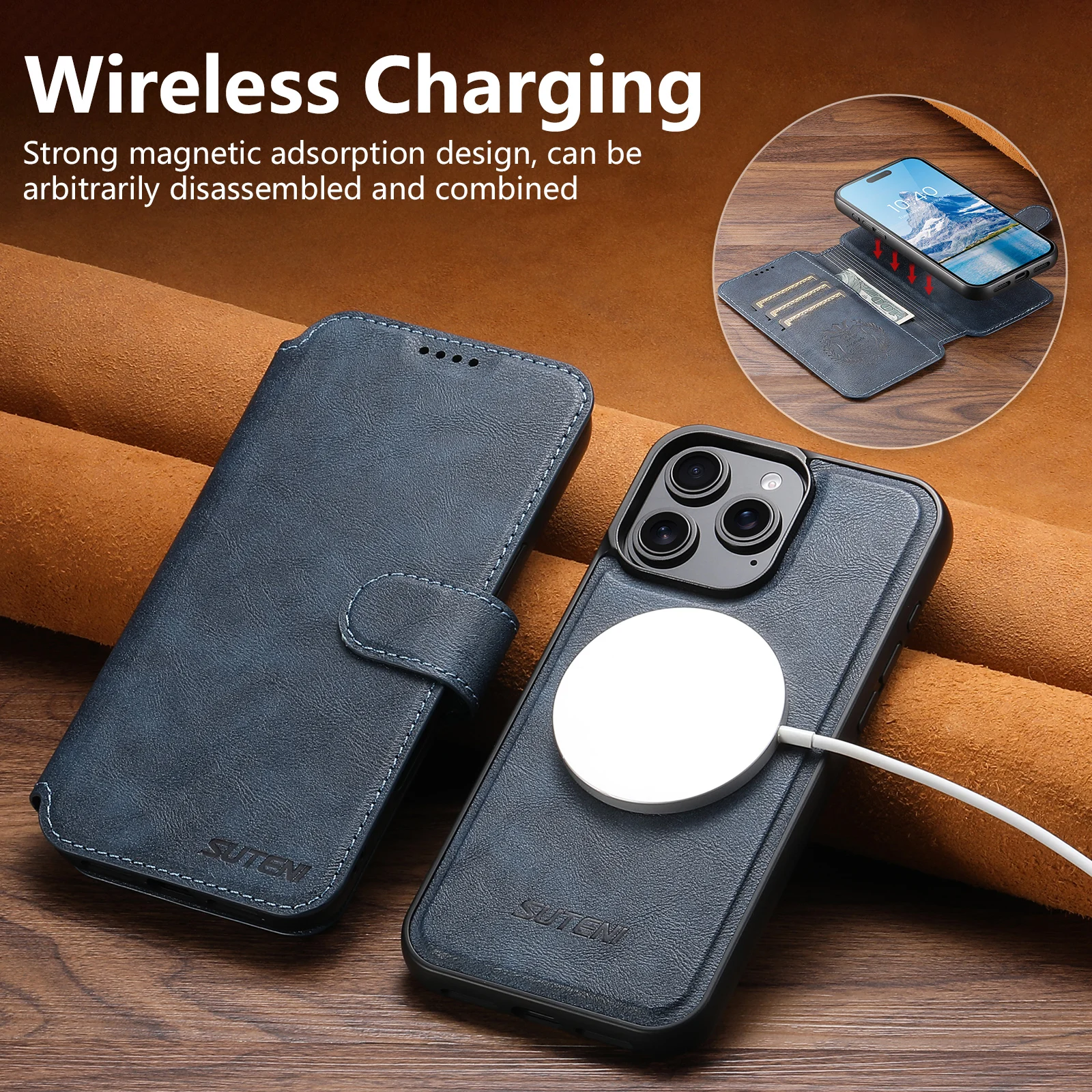 

SUTENI искусственная кожа, держатель для карт с беспроводной зарядкой, подставка, кошелек, магнитный откидной чехол, чехол для телефона для iPhone 16 Pro Max 15 Plus 14