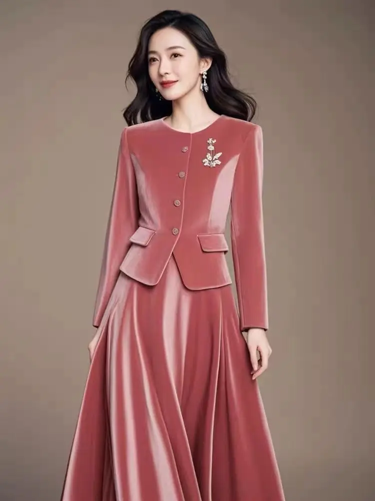 

Модная шикарная бархатная юбка Y2K, комплект из двух предметов, женский осенний новый свободный элегантный пальто с длинными рукавами + полуюбка с высокой талией