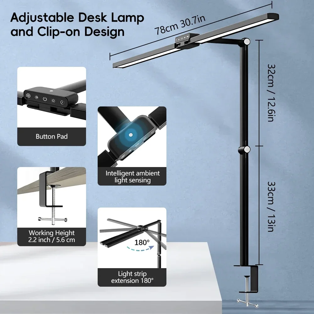LED مكتب المزدوج رئيس للطي سطح المكتب كليب مصباح 24 واط ستبليس يعتم 1800 لومينز العناية بالعين مصباح طاولة القراءة للطلاب الخفيفة