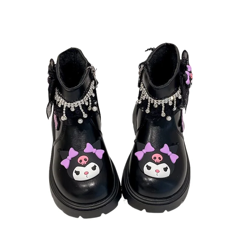 سانريو طفل الأميرة أحذية لطيف Kuromi لينة وحيد الفتيات الأحذية الجلدية عدم الانزلاق الخريف الشتاء جديد الأطفال أحذية بوت قصيرة أحذية قطنية