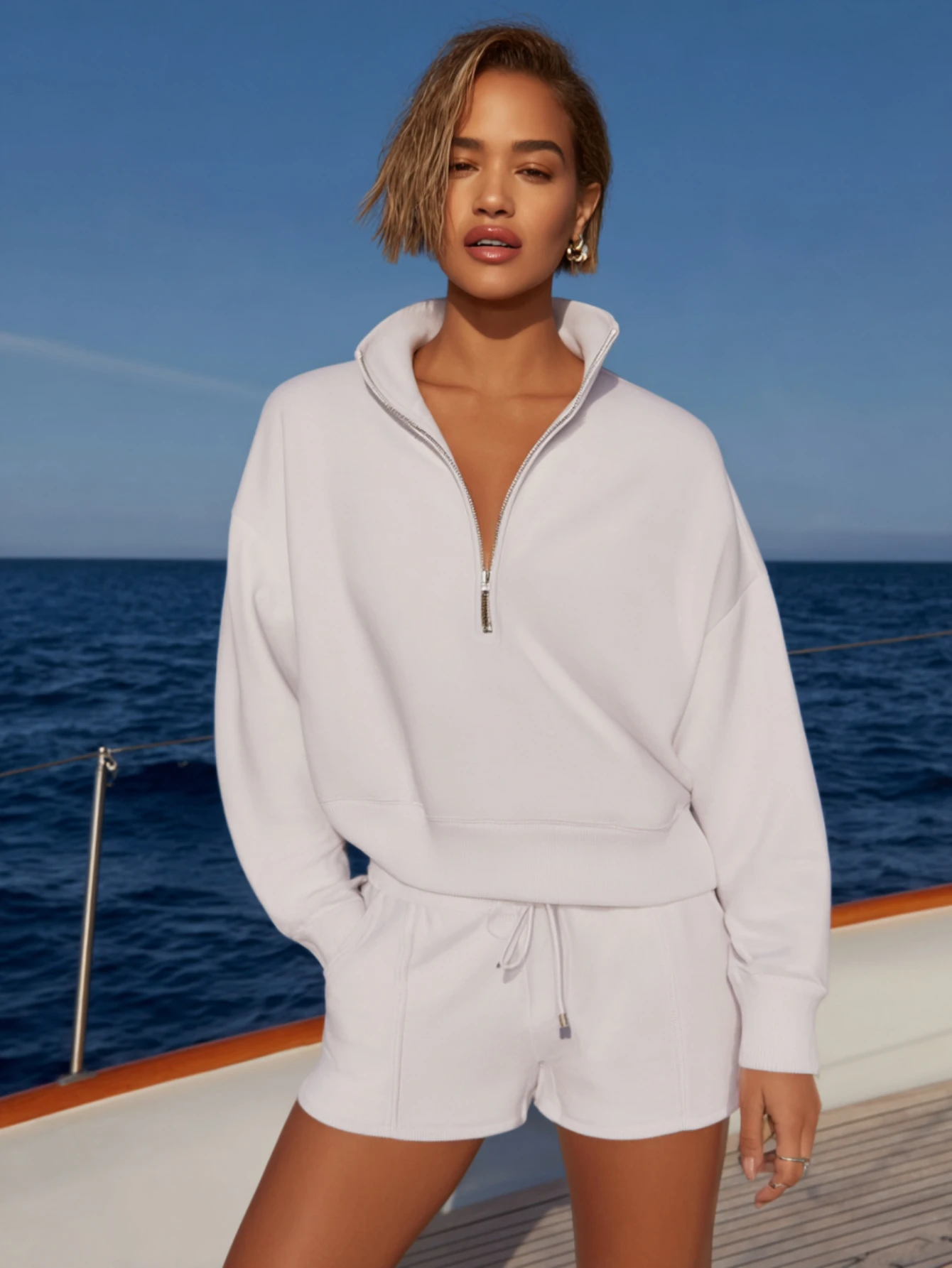 

Mia Muse Select Women's Autumn Sets Decent Simple Solid Color Zipper Long Sleeve High Neck Natural Waist Short Shorts Sets