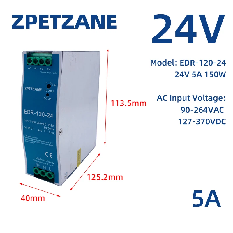 EDR-75W 120W 150W Single Output Industrial AC To DC DIN Rail Switching Power Supply 24v Source 12 Volt Transformer Adapter