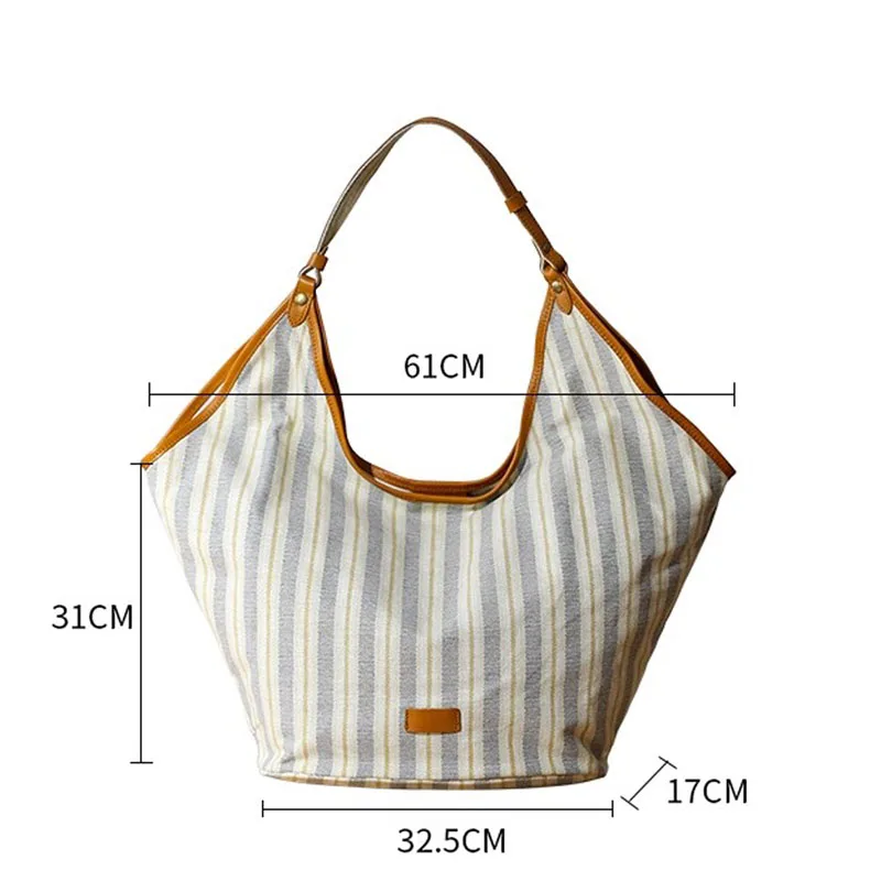 AETOO Japanese-style artistic striped canvas bag, simple commuting tote bag for women, large-capacity hand-held shoulder bag
