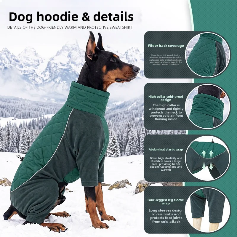 Dog Winter Hoodie, Four-Leg Warm Coat for Medium Large Dogs, Turtleneck Thick Fleece Water-Resistant Pet Jacket With Leash Rin