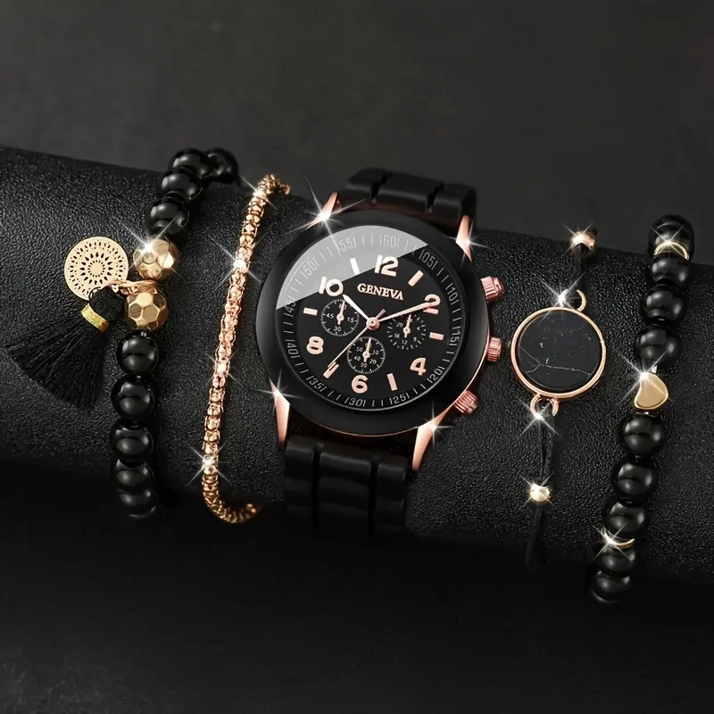 

5pcs Women's Quartz Watch Analog Silicone WristWatch With Bracelets Gift For Mom Her