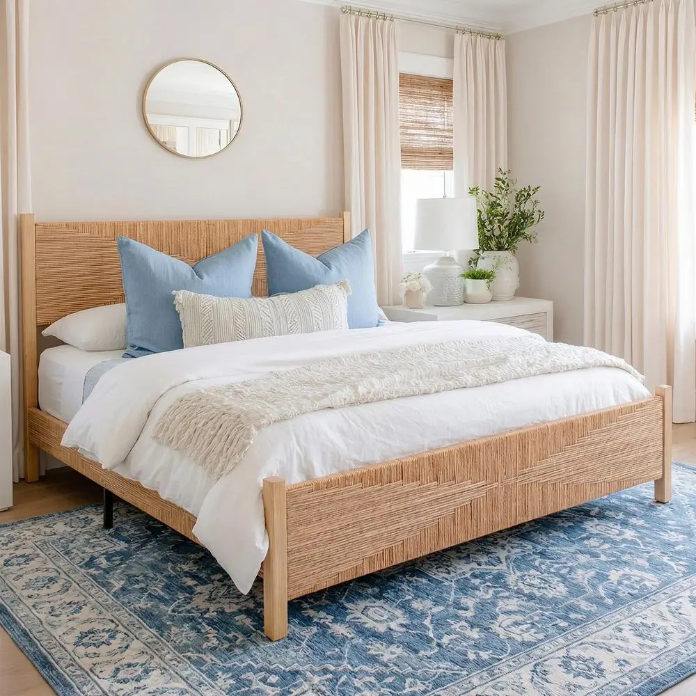 

Solid Wood Rattan King Bed Frame with Tall Headboard and Footboard, Mid Century Modern HandWoven Rattan Bedframe with Vintage P