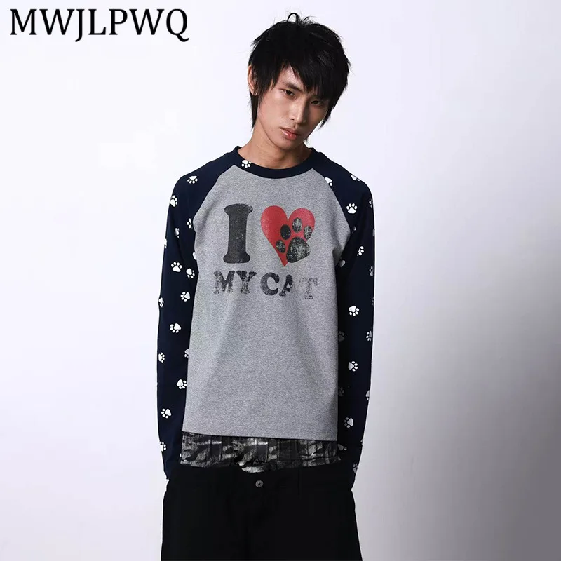 

MWJLPWQ Мужская футболка с принтом Tide, повседневная футболка с круглым вырезом и контрастным цветом, с рисунком лап, с длинными рукавами, удобная уличная одежда для пар 14730