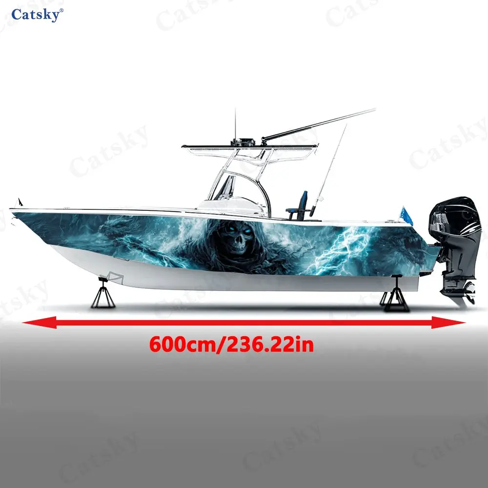 2Pcs Frost Lightning Skull Boat Stickers, PVC Waterproof Durable Vinyl Wrap Decals for Fishing Boats, Durable and Stylish Design