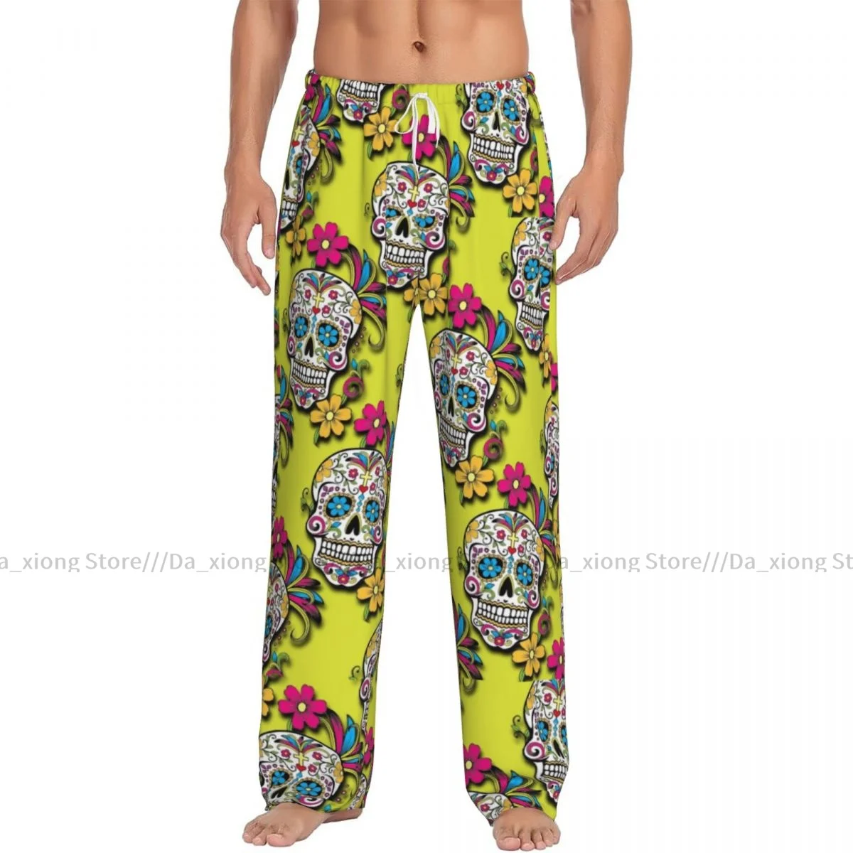 Men's Sleepwear Loose Sleep Pants Pajamas Sugar Skull And Flowers Pattern Long Lounge Bottoms Casual Homewear