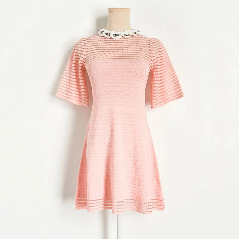 

Summer Cute Perspective Striped Bead Collar Short-sleeved Knitted Dress Women's Black See Through A Line Short Dress