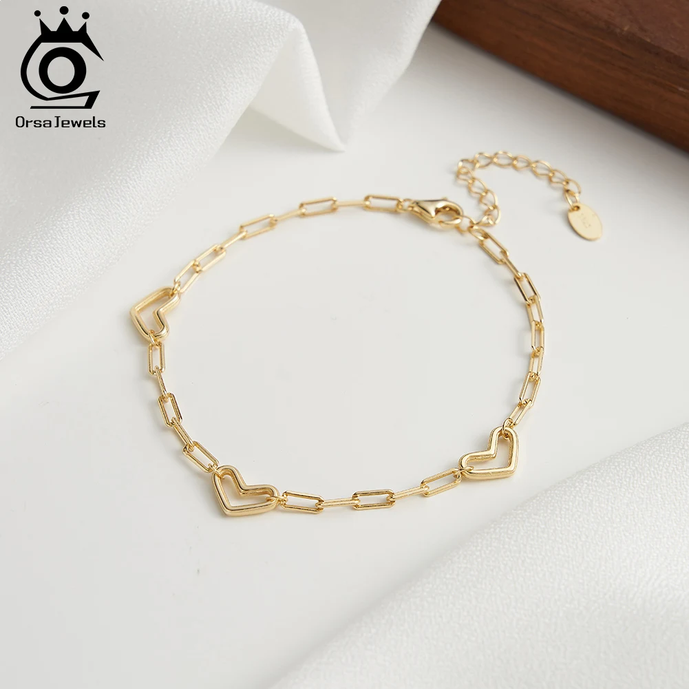 

ORSA JEWELS Изысканный элегантный браслет-цепочка с полым сердцем, серебро 925, цепочка скрепки, легкий роскошный романтический браслет SB194