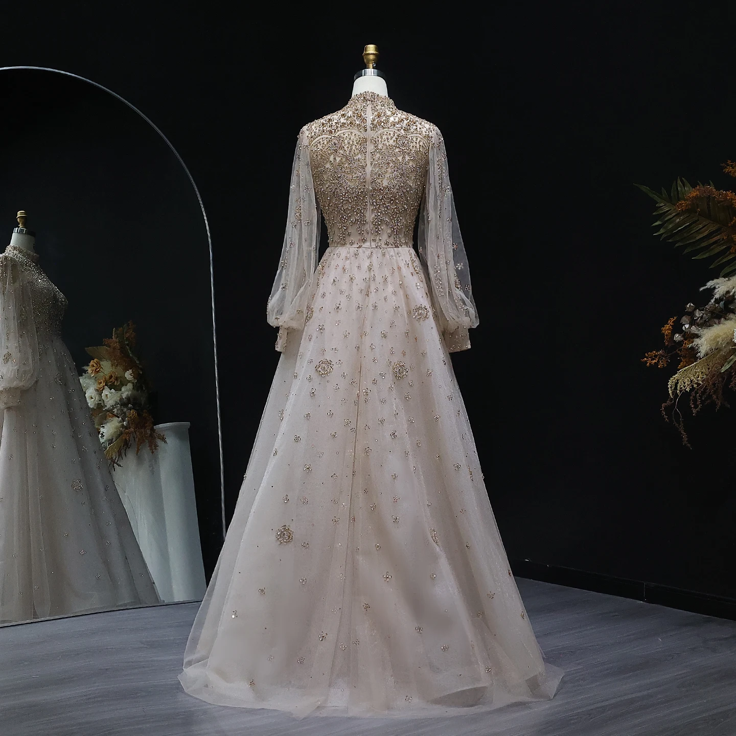 Sharon Said Elegant Champagne Luxury Dubai Women Evening Dress for Wedding Long Sleeves Arabic Party Formal Gowns SS223 Custom image 5