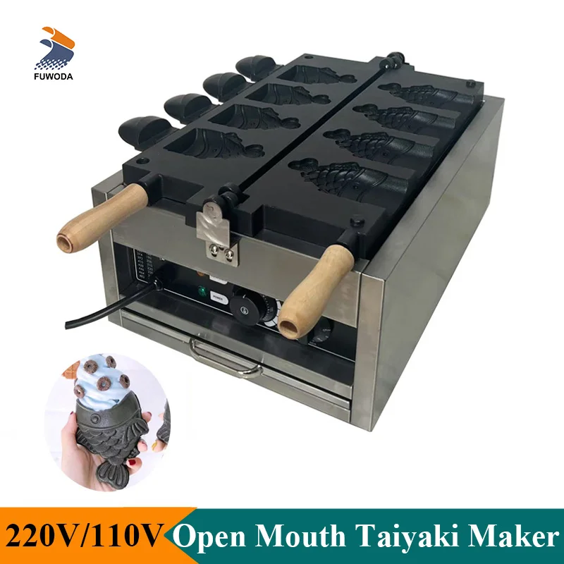 Professional Ice Cream Taiyaki Waffle Making Machine Electric 4pcs Open Mouth Shaped Fish Waffle Baker Commercial Snack Machine