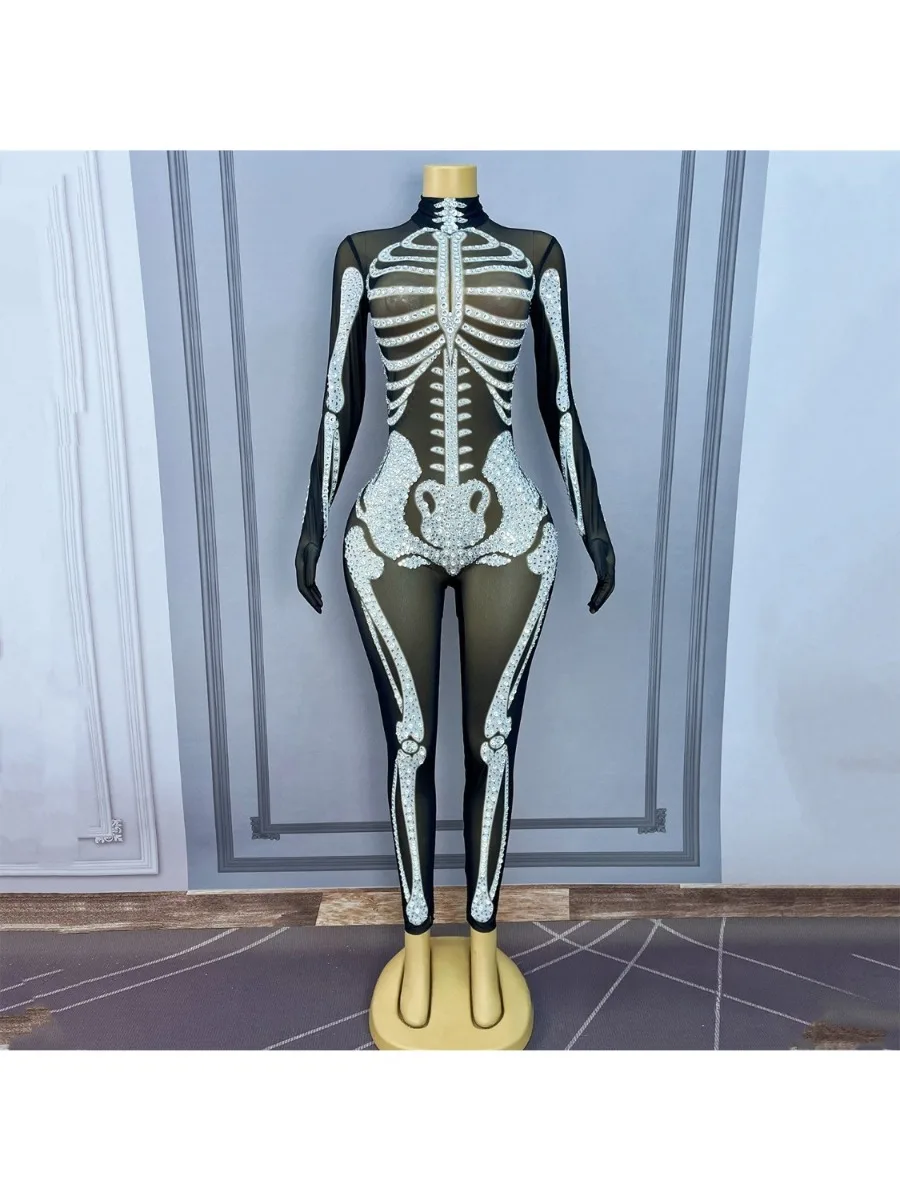Halloween Party Cosplay Costumes Bone Print Black Bodysuit Glitter Stage Performance Clothes Nightclub Gogo Dance Wear