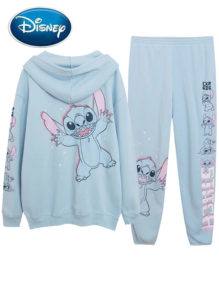 

Disney Stitch Little Monster Sweatshirt Cartoon Print Women Hooded Pullover Zip Fleece Jumper Tops + Trousers Pants 1 Sets Femme