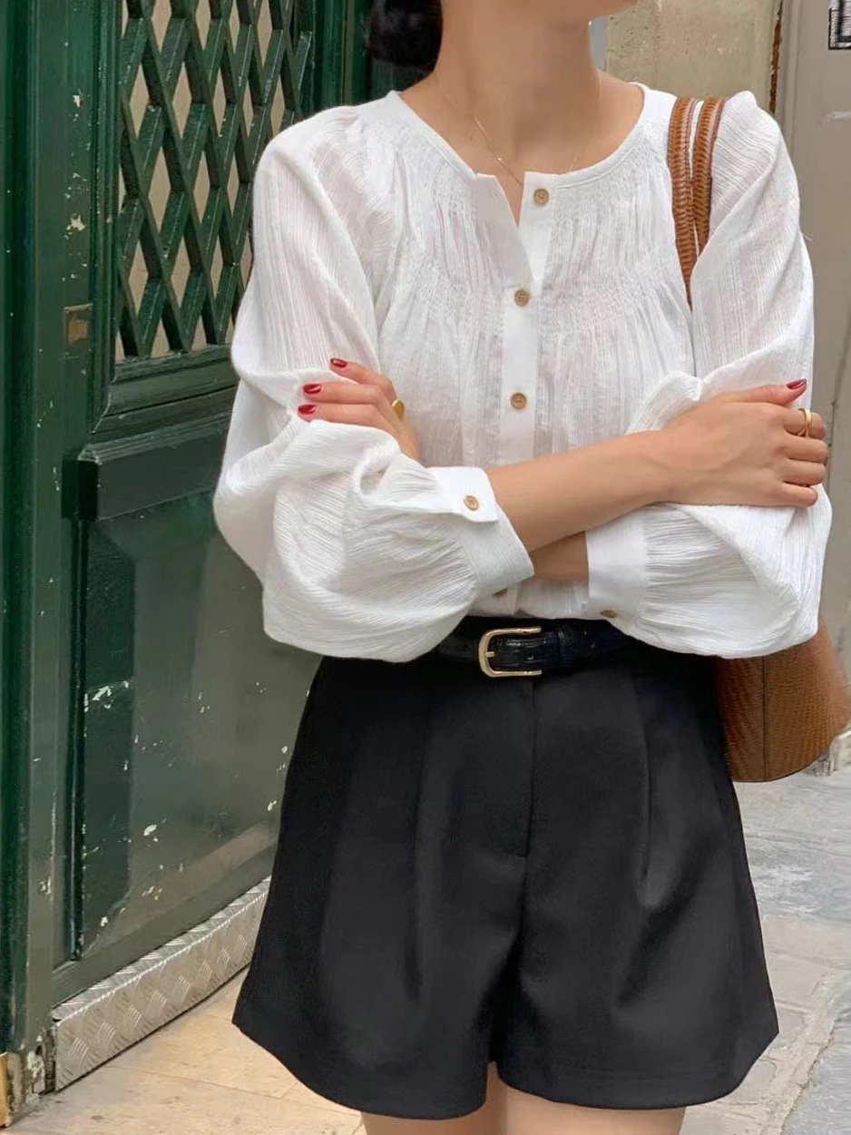 

Элегантная винтажная женская рубашка с длинным рукавом, круглым вырезом, из ткани с эффектом марли, на одной пуговице, в корейском стиле, свободного кроя, весенняя мода