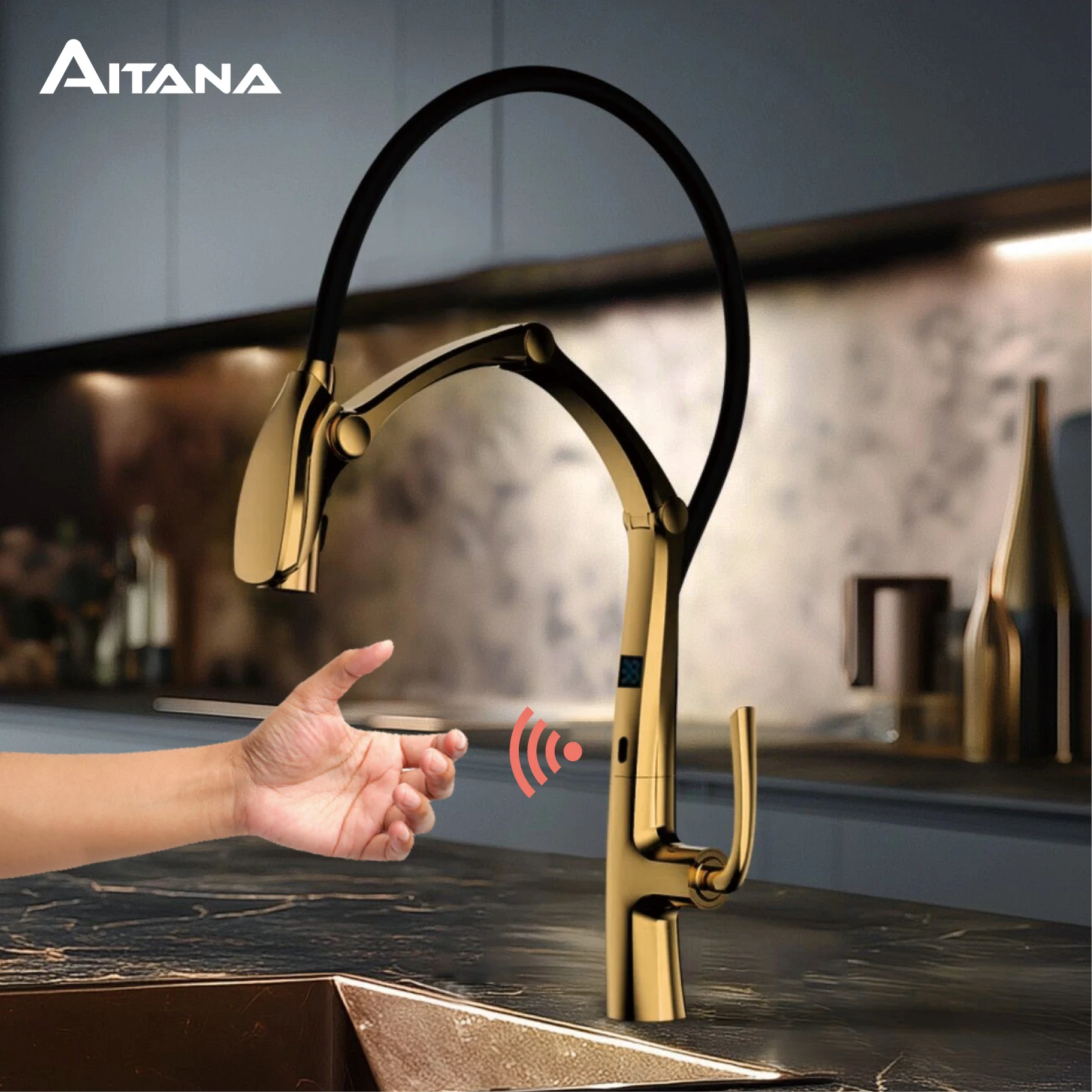 

AITANA Gun Grey Роскошный латунный кухонный смеситель со светодиодным дисплеем, бесконтактный датчик, выдвижной 3-функциональный распылитель, водосберегающий смеситель для раковины