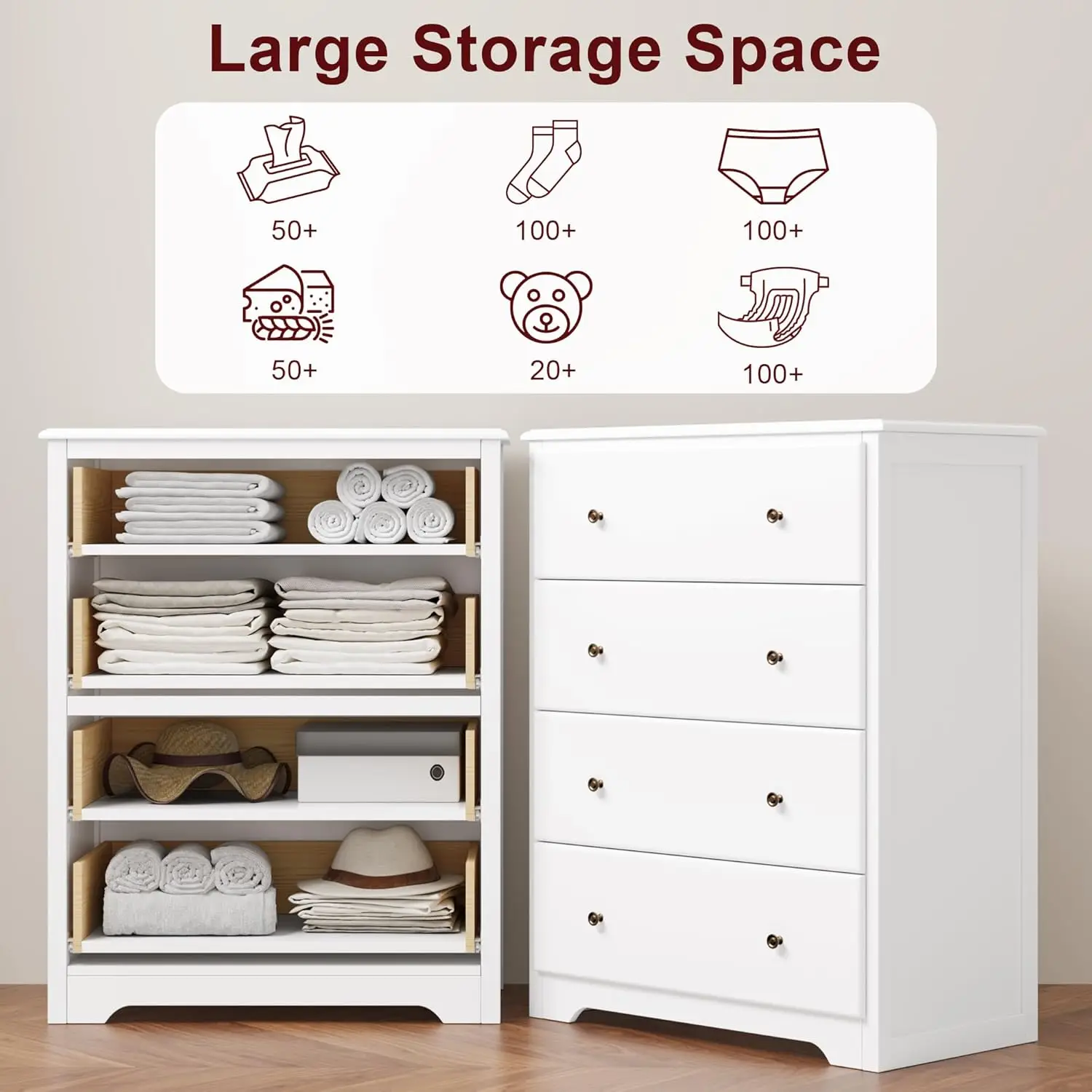 White Dresser 4 Drawer Chest of Drawers Modern Tall Storage Cabinet for Living Room Hallway Entryway Home Office