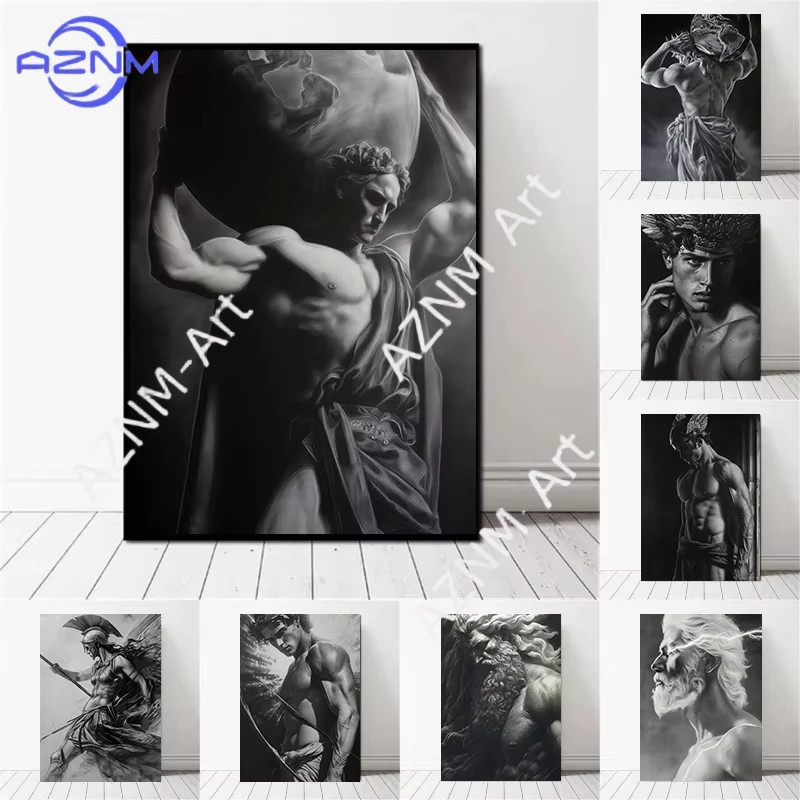 1PC Atlas Greek Black and White Mythology Male Statue Art Poster Canvas Print Bar Home Living Room Wall Decor Painting Frameless