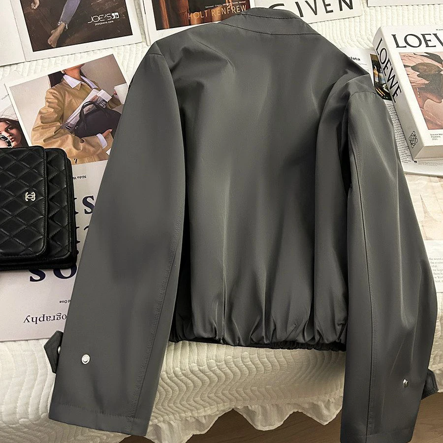 Y2K Stand Collar Cropped Trench Coat Jacket Women Strap‑Decor Single‑Breasted Elastic Hem Vintage Loose Streetwear Outerwear