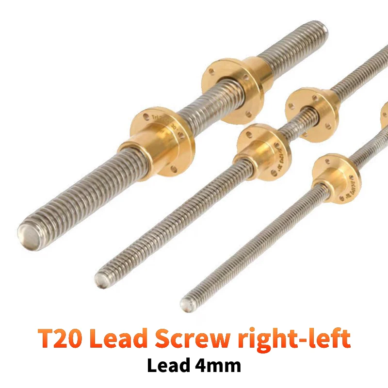 1PC 304 stainless steel  T20 Lead Screw right-left length100-1000mm Lead 4mm with Nuts Brass H Flange Nut for 3D Printer part